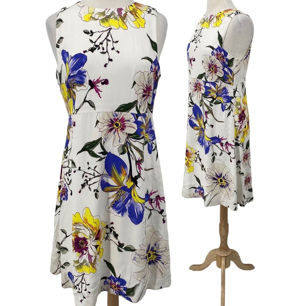 Banana Republic Mini Fit & Flare Floral Print Dress White Yellow Purple Womens 8